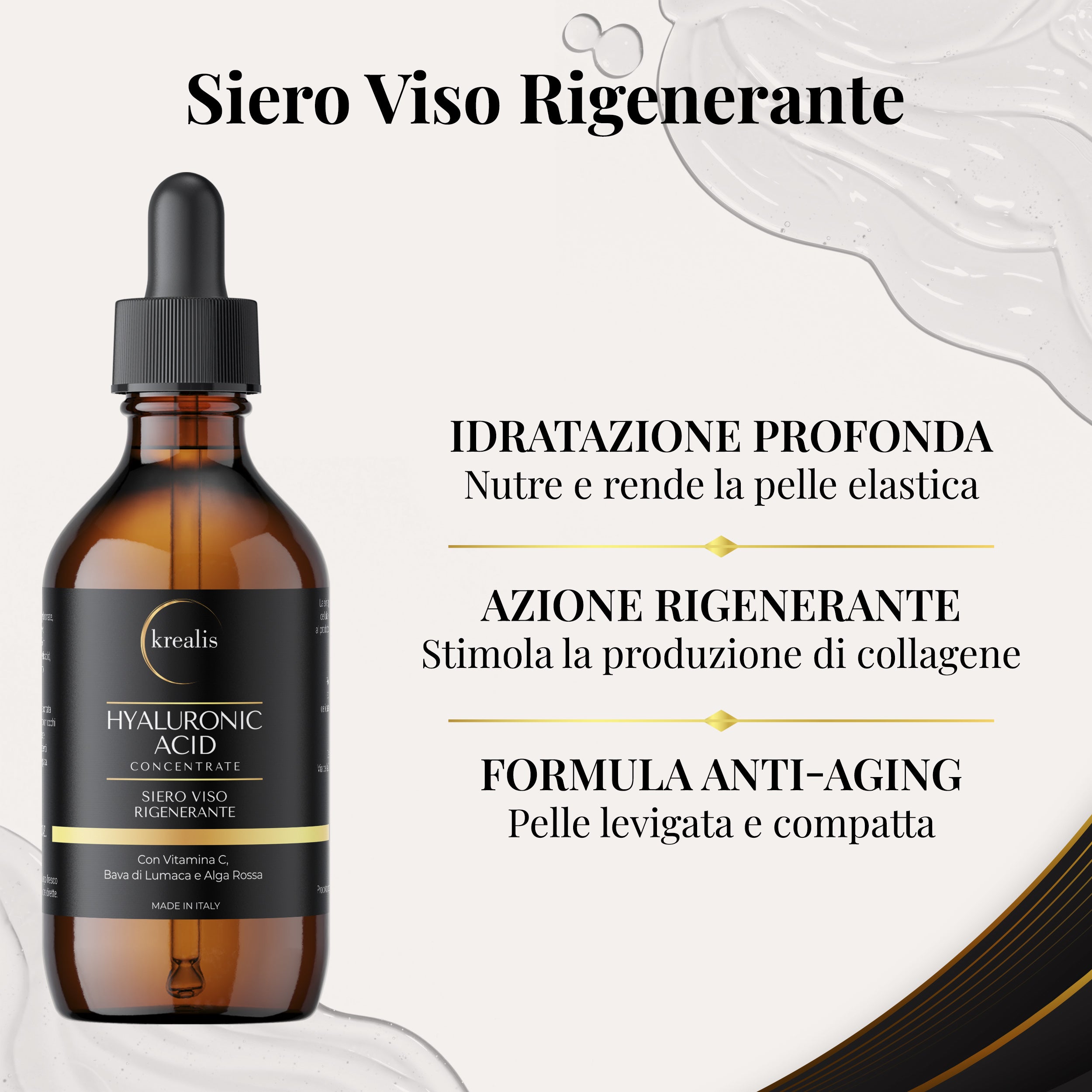 Siero Viso a base di Acido Ialuronico, Bava di Lumaca, Vitamina C e Alga Rossa - 100 ML