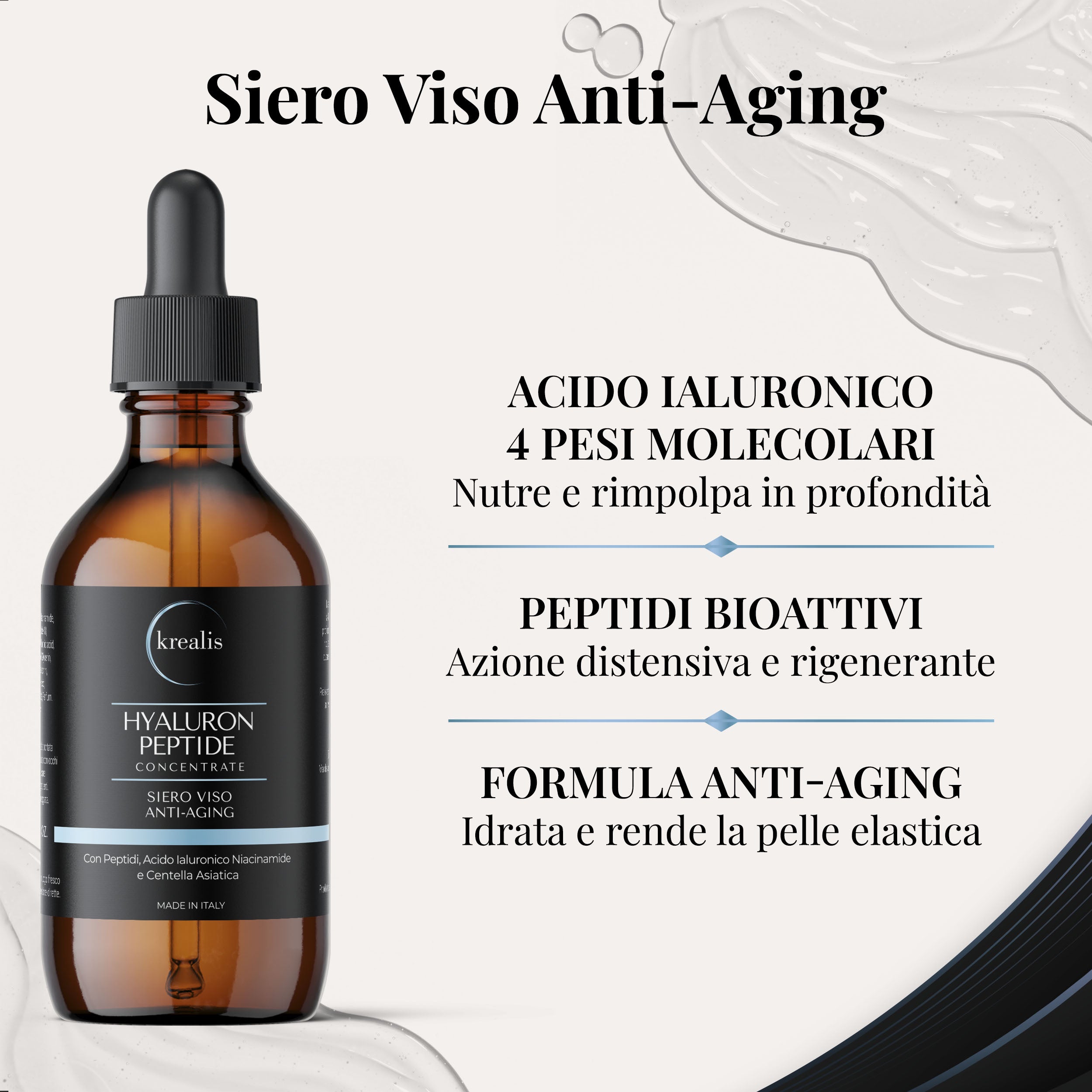 Siero Viso Acido Ialuronico 4 Pesi Molecolari con Peptidi, Niacinamide e Centella Asiatica - 100 ML