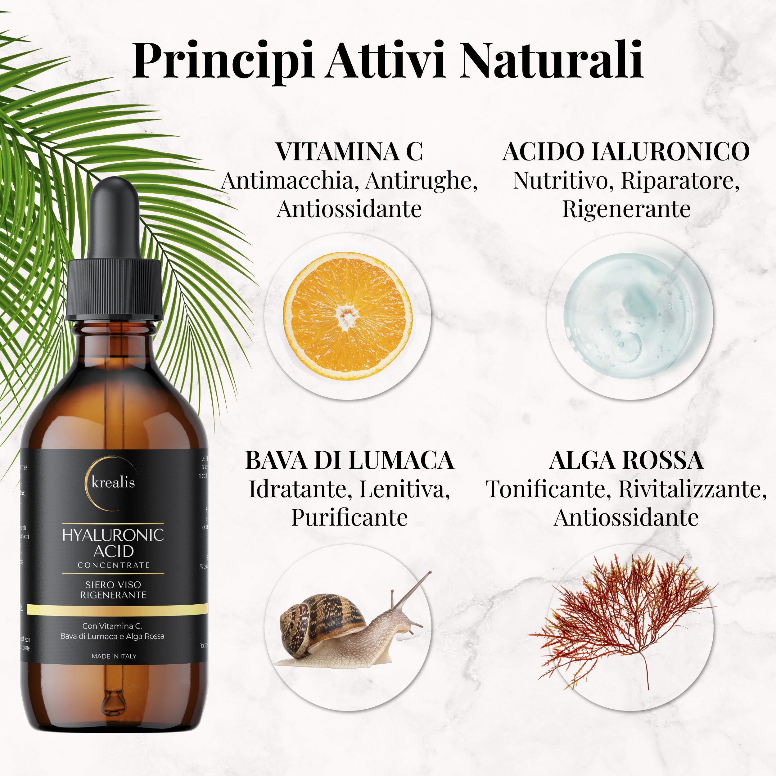 Siero Viso a base di Acido Ialuronico, Bava di Lumaca, Vitamina C e Alga Rossa - 100 ML