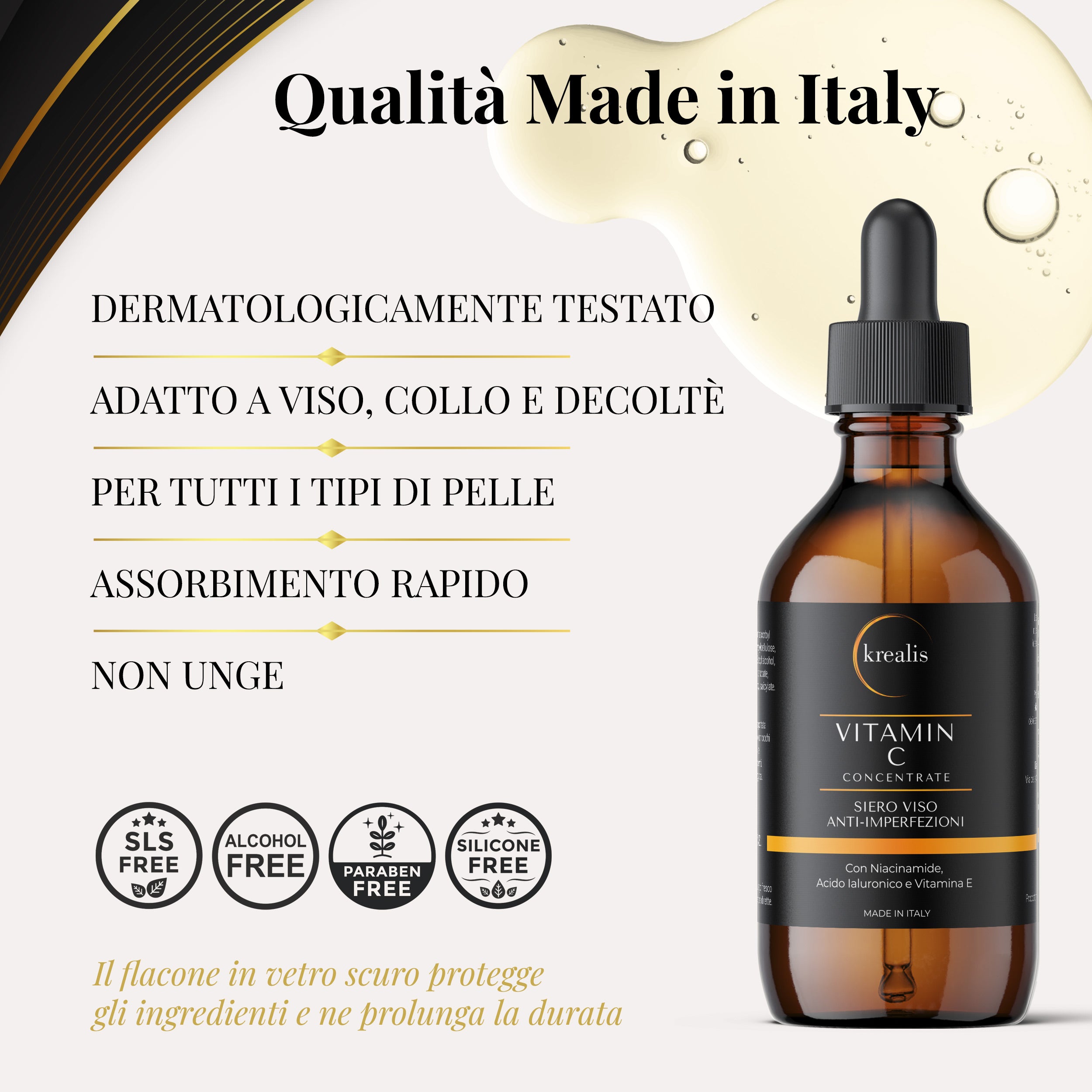 Siero Viso a base di Vitamina C con Niacinamide, Acido Ialuronico e Vitamina E - 100 ML