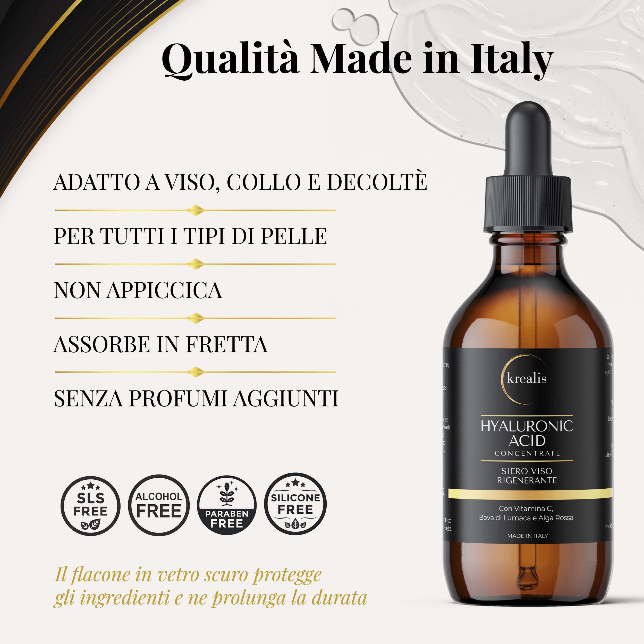 Siero Viso a base di Acido Ialuronico, Bava di Lumaca, Vitamina C e Alga Rossa - 100 ML